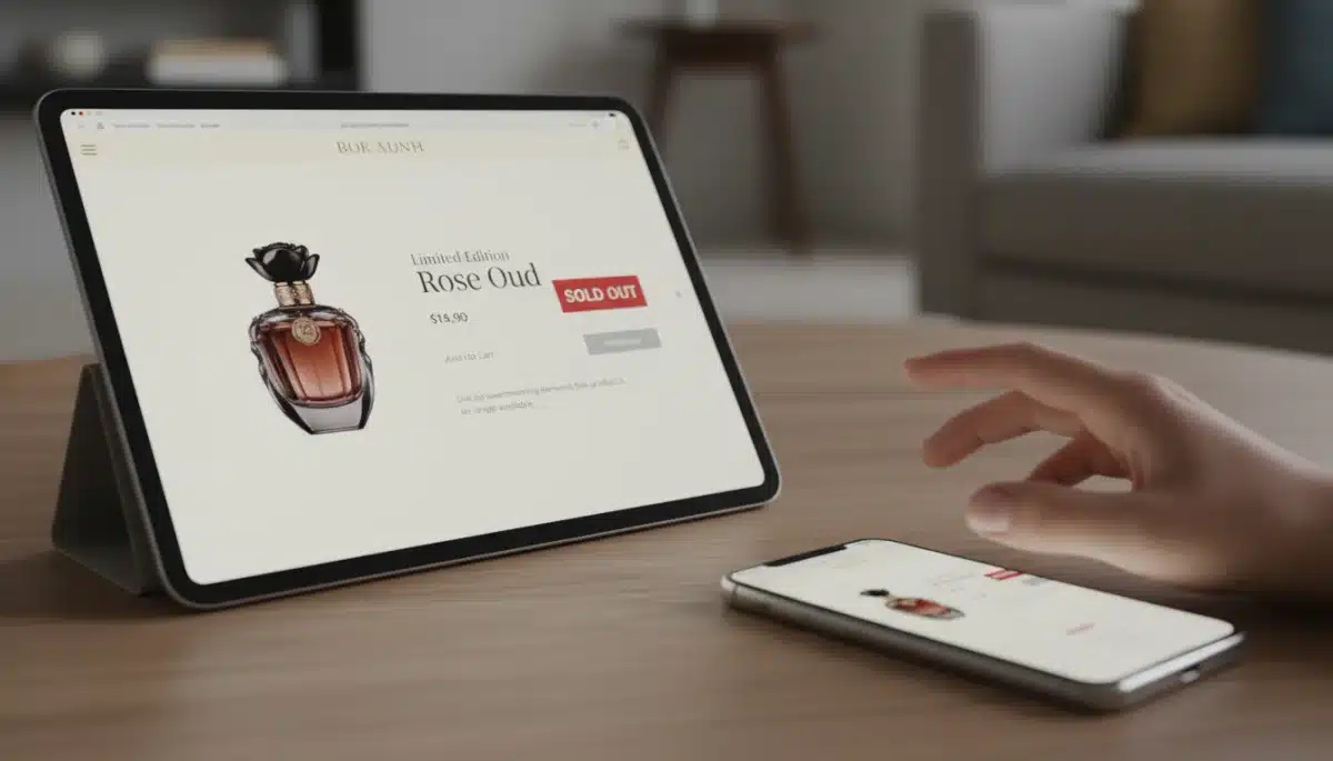 Online store's 'Sold Out' notification for a limited edition perfume, highlighting its scarcity.