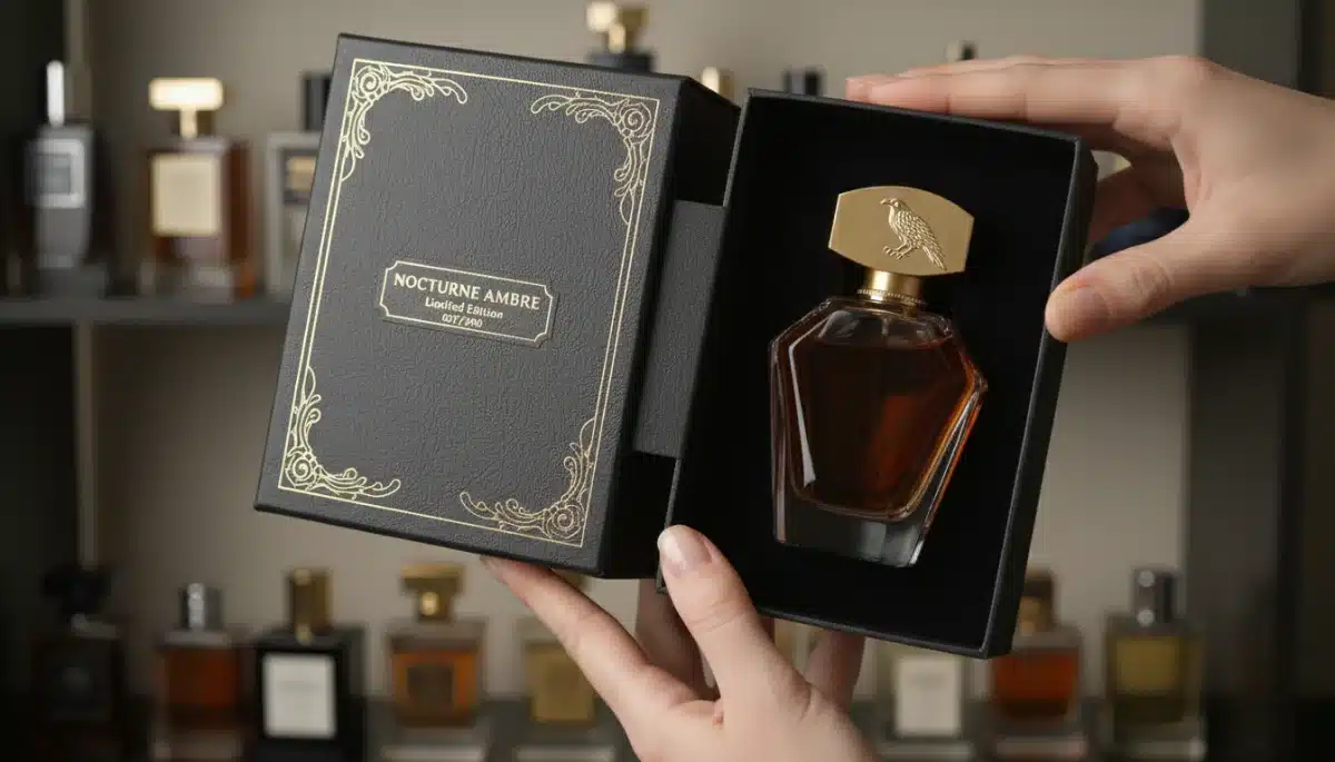 Person unboxing a new, exquisitely packaged limited edition perfume bottle.