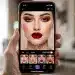 Woman trying on virtual makeup with an AI app on a smartphone, displaying realistic augmented reality effects.