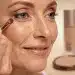 Woman applying anti-aging makeup to reduce fine lines, showcasing smooth skin.