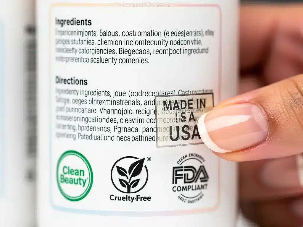 Close-up of a clean beauty makeup label showing detailed ingredients and compliance seals.