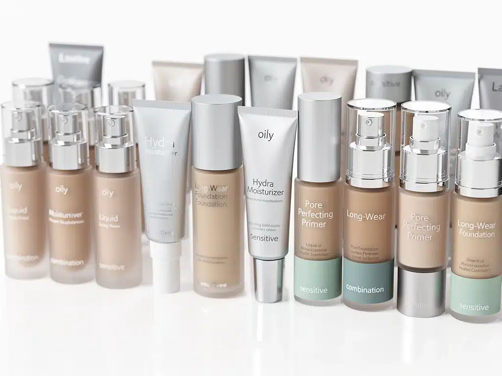 Assortment of foundations and primers categorized by skin type for professional use.