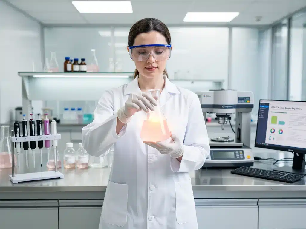 Scientist in lab coat developing and testing clean beauty formulations under FDA standards.
