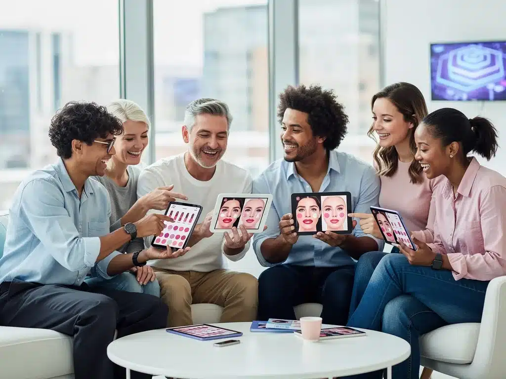 People using AI makeup apps on mobile devices, showcasing diverse virtual try-on experiences.