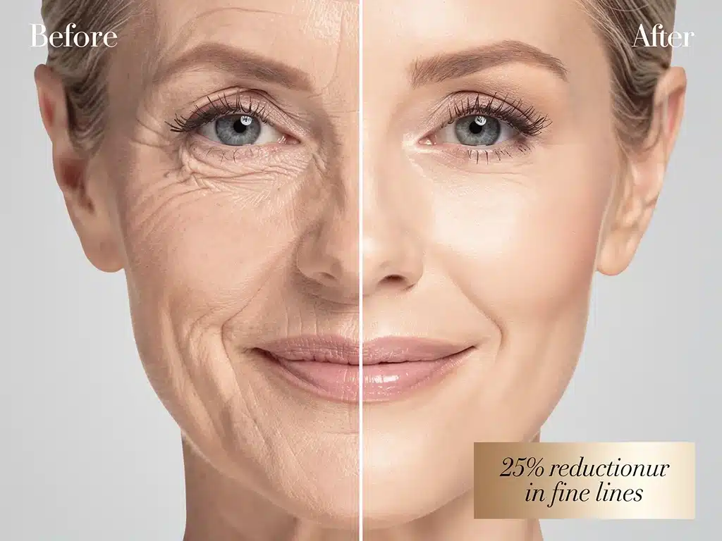 Before and after comparison of fine lines reduction with anti-aging makeup.