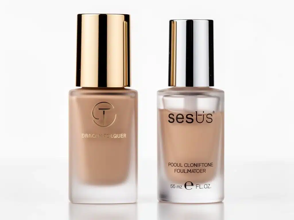 Side-by-side comparison of luxury and affordable makeup products, highlighting quality in both.