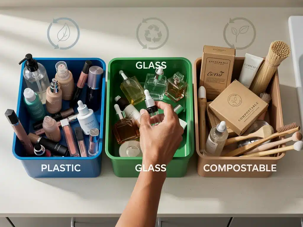 Sorting used makeup containers into recycling bins for waste reduction