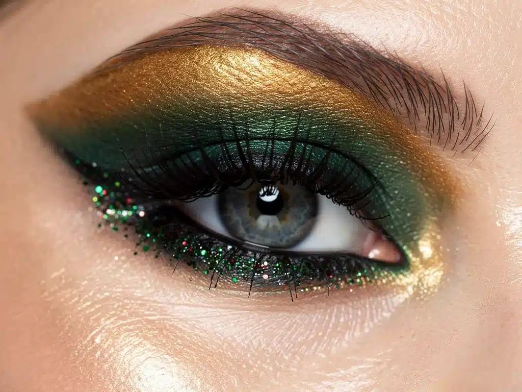 Model's eye with opulent metallic and glitter holiday makeup