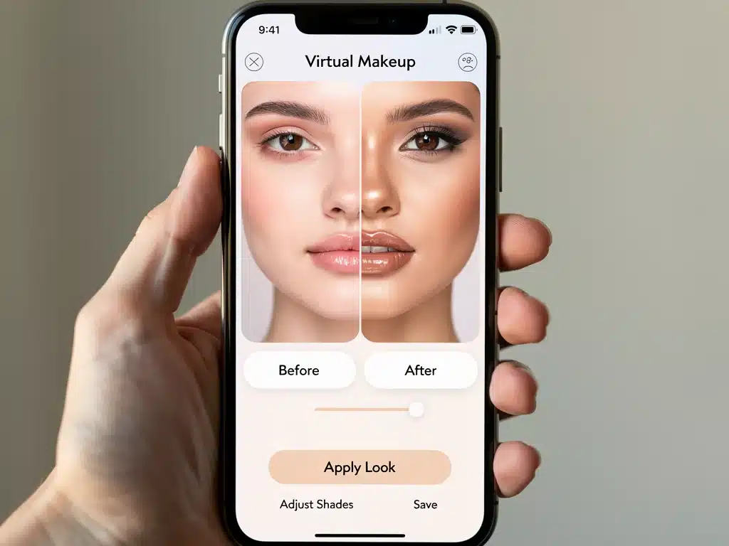 Smartphone showing virtual makeup application on a user's face, highlighting foundation and eye makeup accuracy.