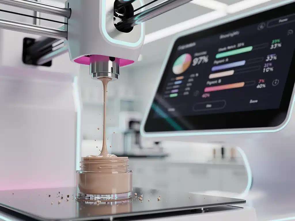 3D printer creating custom foundation, highlighting technological advancement in personalized beauty.