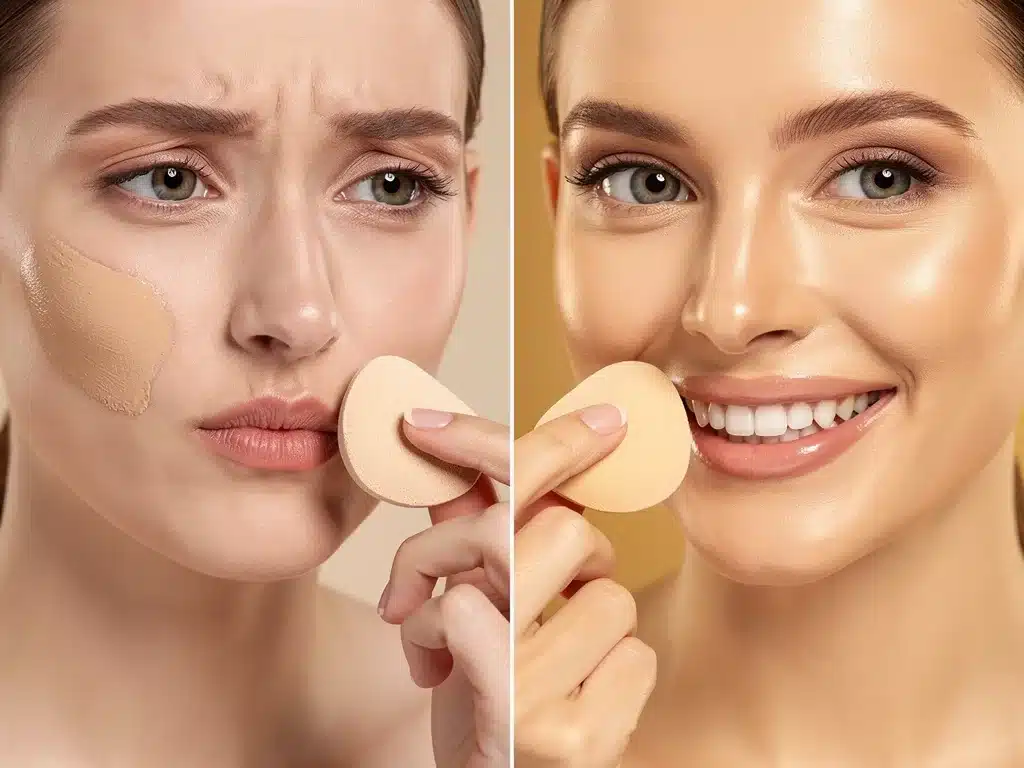 Woman comparing generic versus perfectly matched personalized foundation, showing enhanced satisfaction.