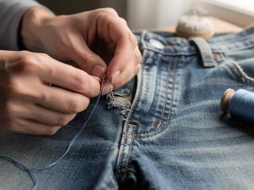 Person mending a torn seam on jeans with needle and thread