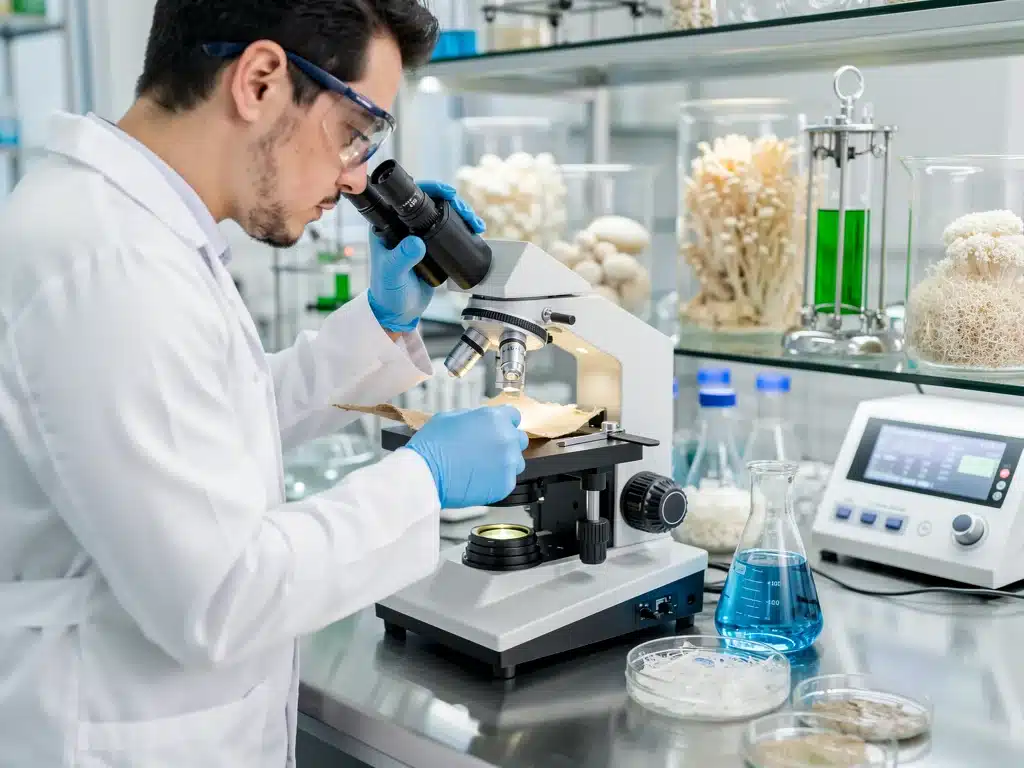 Scientist examining mycelium leather, a key sustainable fabric innovation.