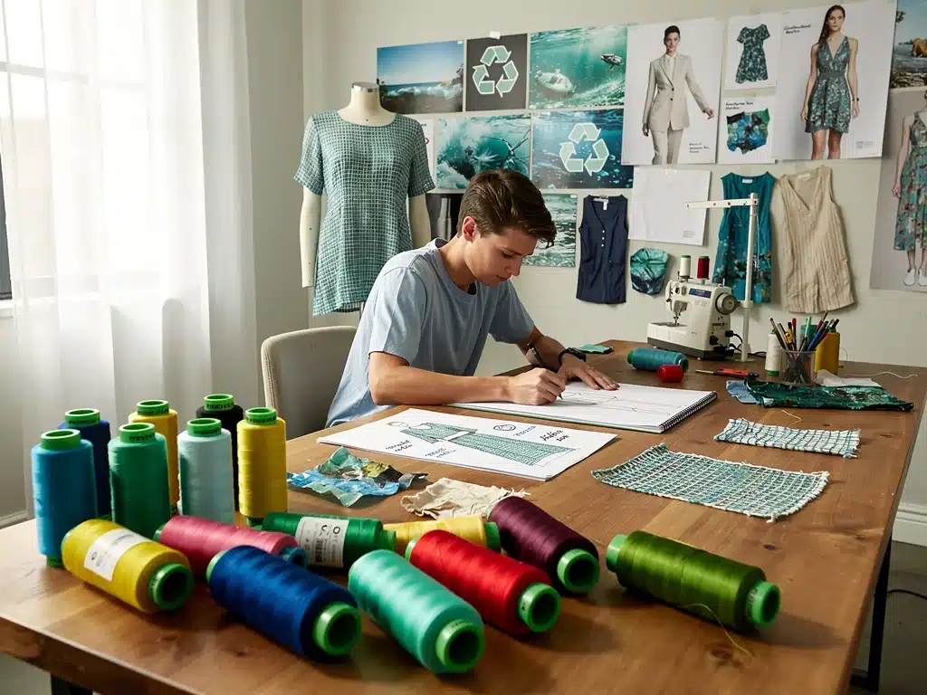 Designer sketching apparel with recycled ocean plastic fabric, showcasing sustainable innovation.