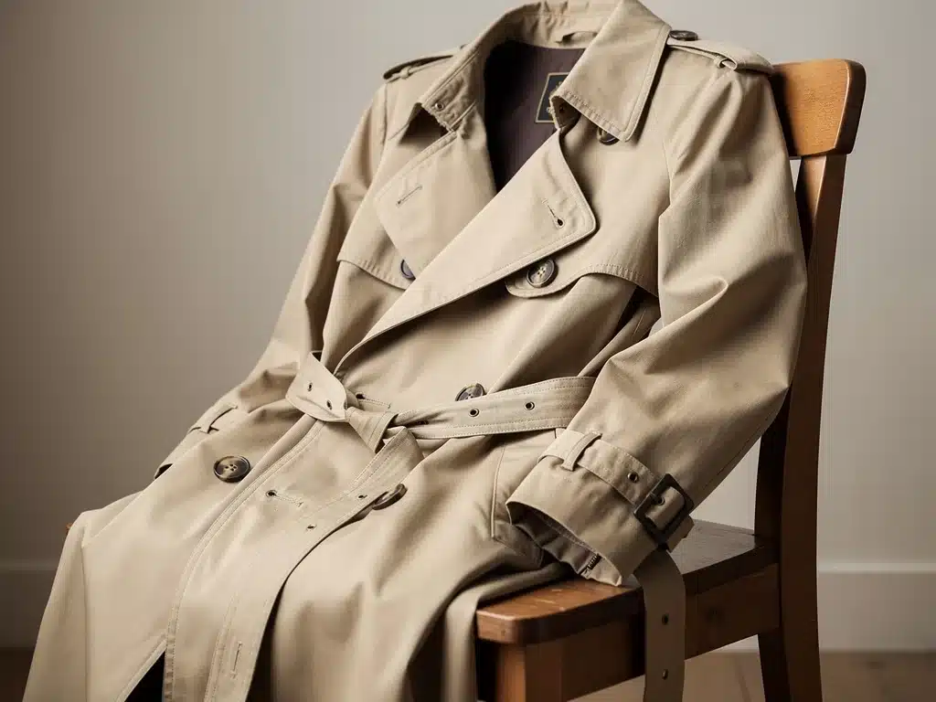 Classic trench coat draped, showcasing quality and timeless design