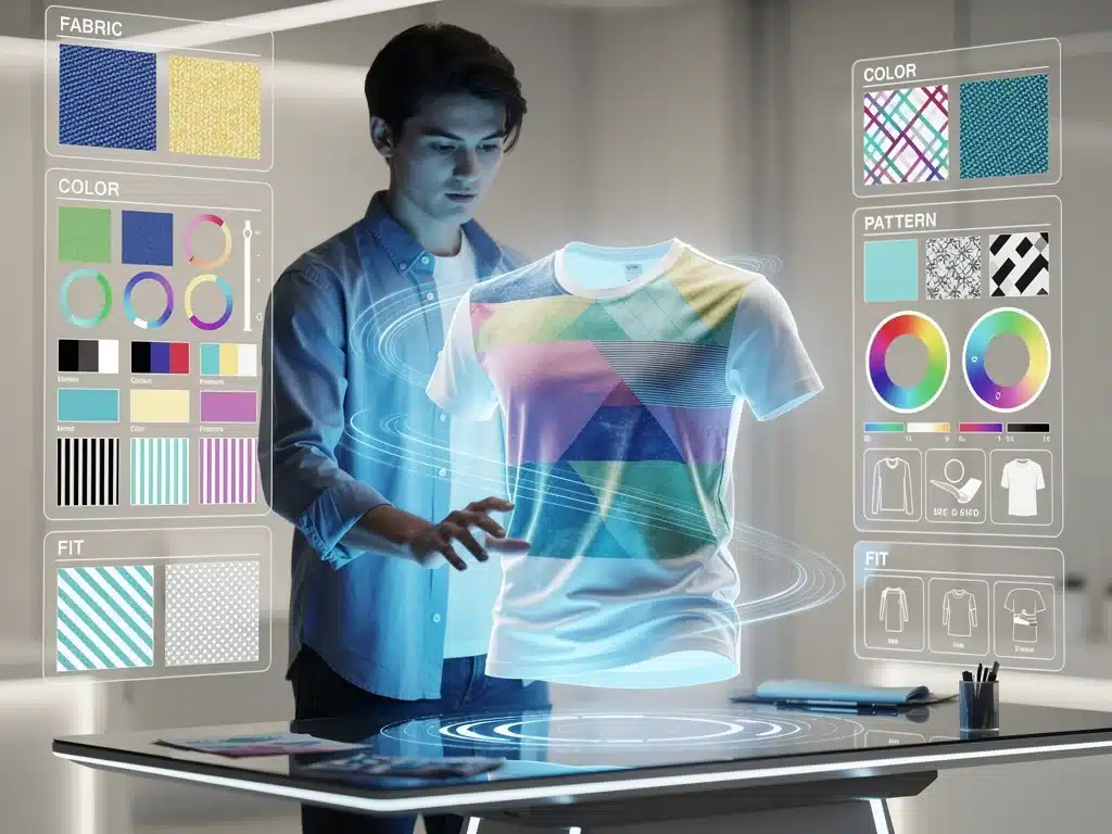 User designing custom t-shirt with holographic interface and real-time 3D rendering