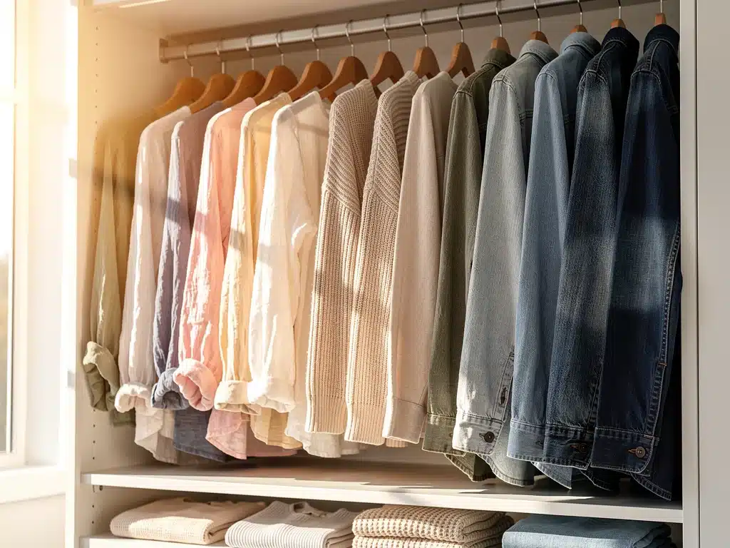 Organized closet with versatile clothing for seasonal transitions