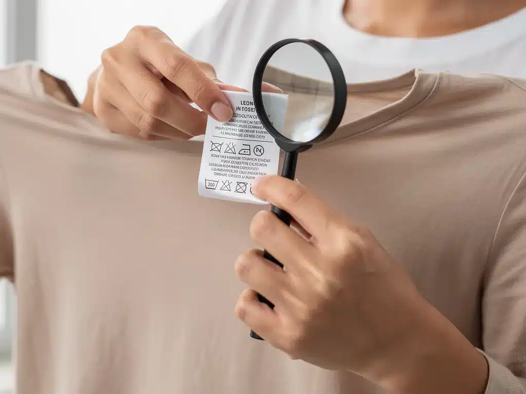 Person meticulously reading a clothing care label for detailed information.