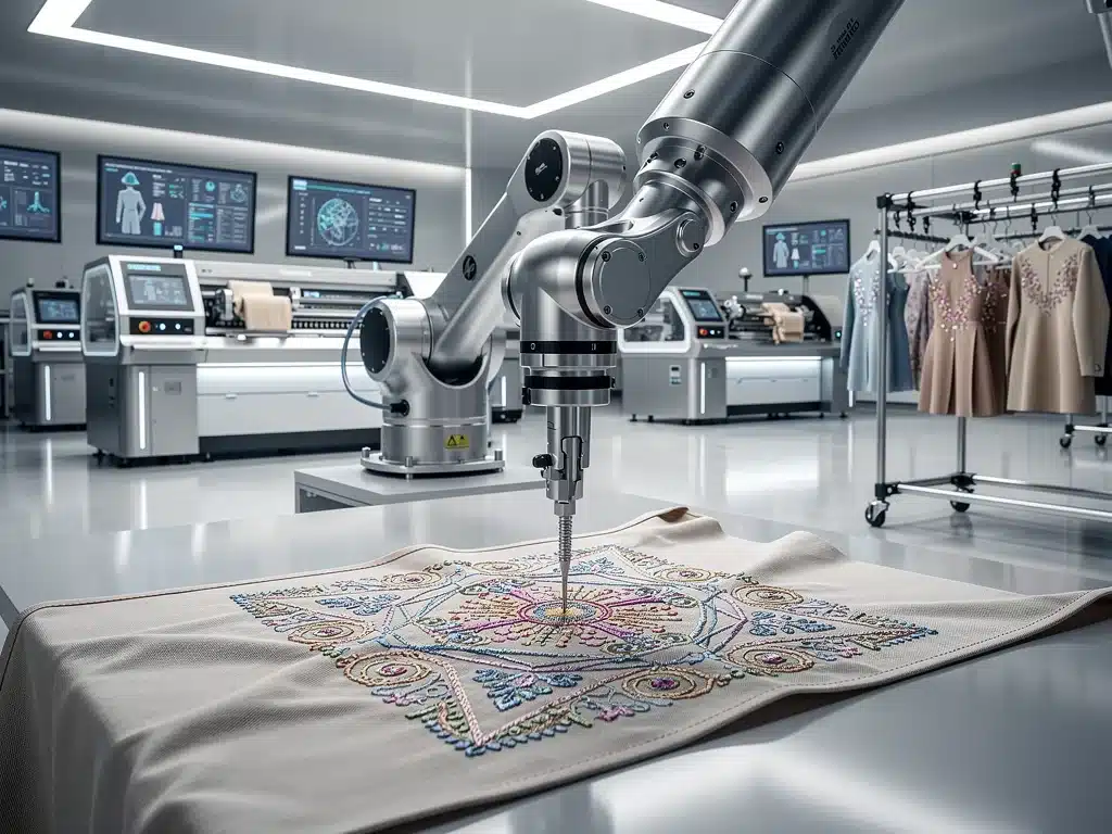 Robotic arm embroidering fabric in an automated smart clothing factory
