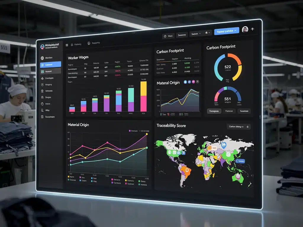 Digital dashboard showing ethical supply chain metrics for apparel.